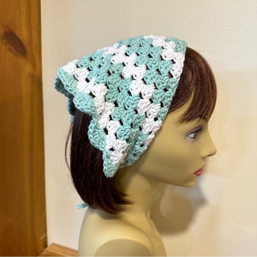 Hand knit 100% cotton head kerchief/scarf, bandanna. Light teal and white.